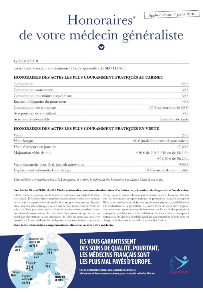 Affiche obligatoire des honoraires, oui mais UFML-S va plus loin et affiche les autres pays européens !