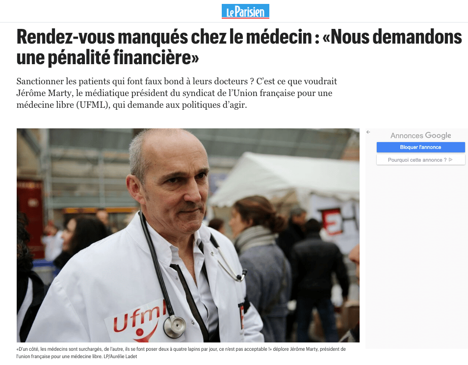 Interview du Parisien Dr Jérôme Marty "Rendez-vous manqués 23 septembre 2022